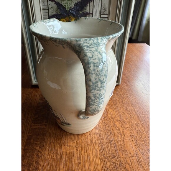 VTG Signed Stoneware 9.25" Pitcher Marshall Pottery Texas Bluebird Houses Sponge - Picture 2 of 10